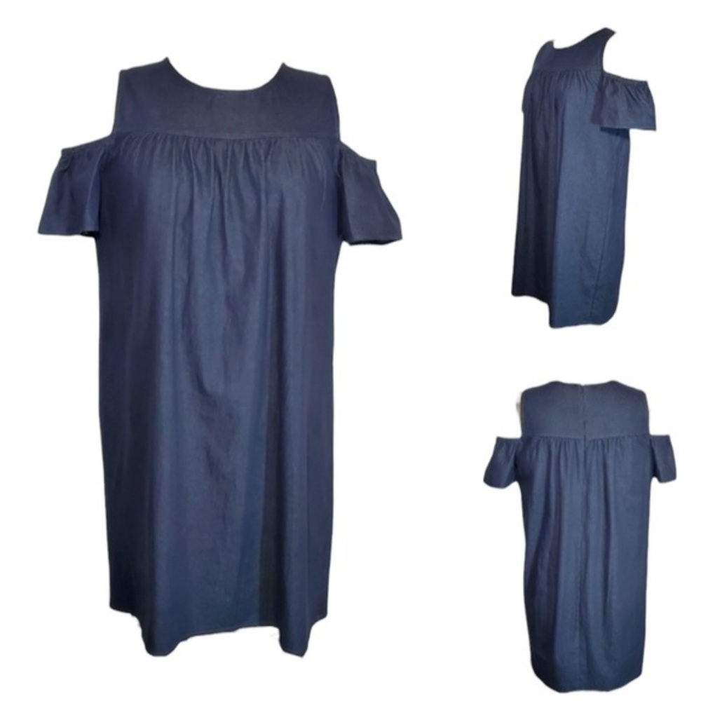 Maggy L Dress Chambray Denim Stretch Cold Shoulder Swing Angel Trapese Size 14